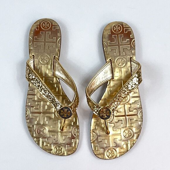 Tory Burch Thora Sandals Womens 6 Gold Glitter Thong Flip Flop Shoes Metallic - Picture 6 of 11